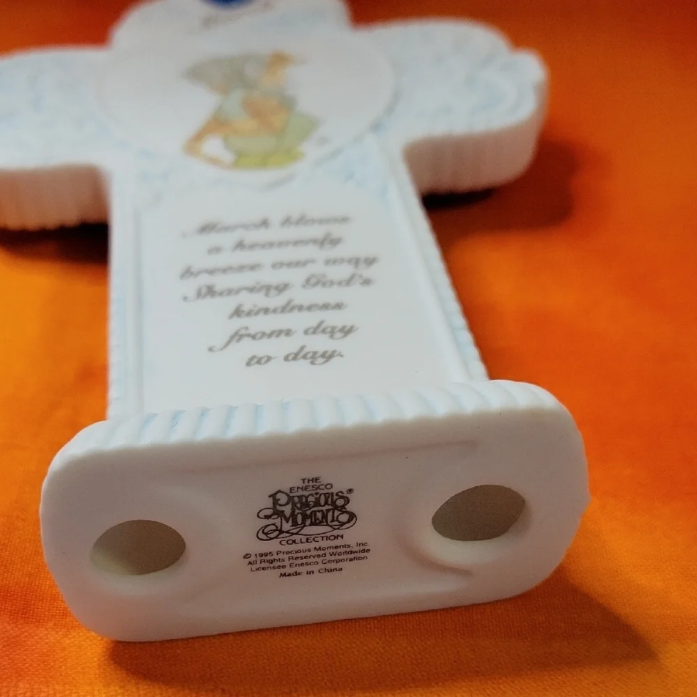 Precious Moments March Standing Cross with Heart Accent Aquamarine Stone